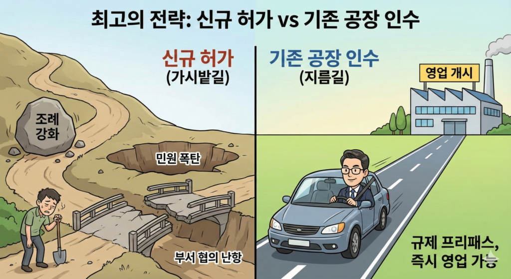 신규허가 vs 기존 공장 인수
신규허가 : 가시밭길
기존 공장 인수 : 지름길
"허가는 받는 것이 아니라, 사는 것 입니다"