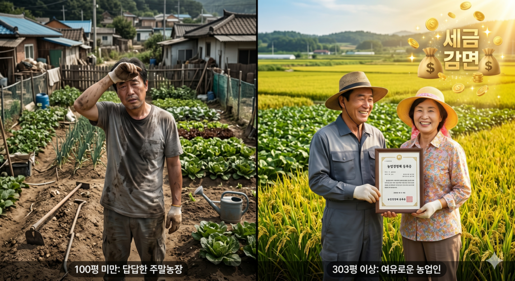 1000평 미만의 주말농장과 농업경영체 등록이 가능한 303평 이상의 농지 보유를 비교한 사진